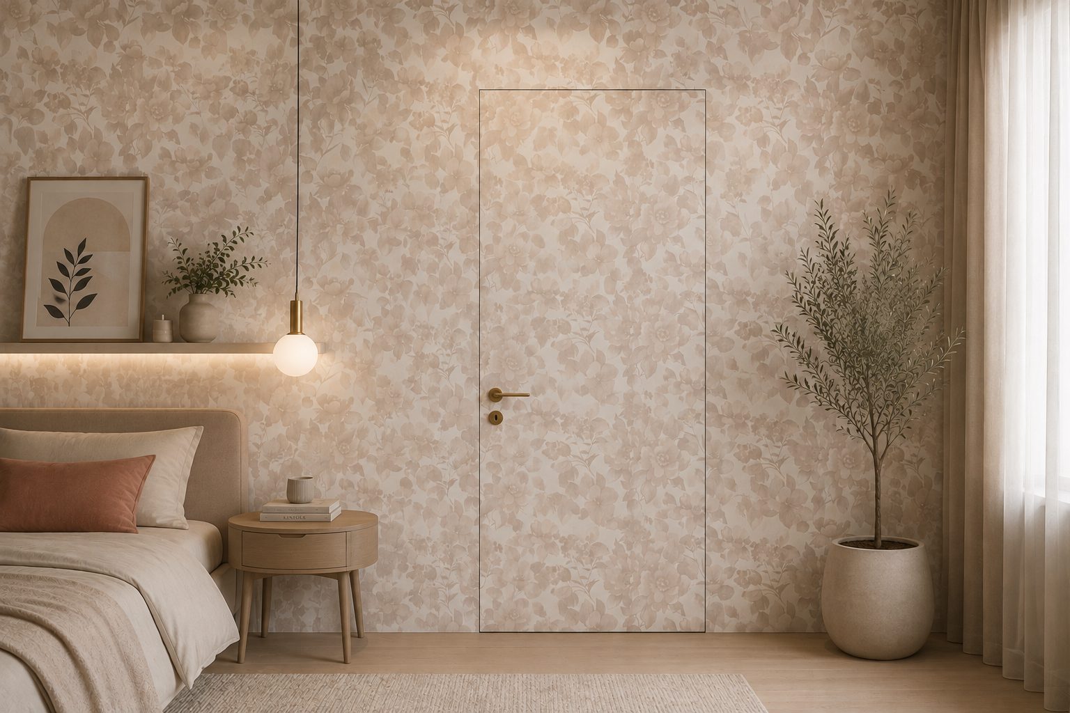 Filomuro door papered to match the wall, bedroom
