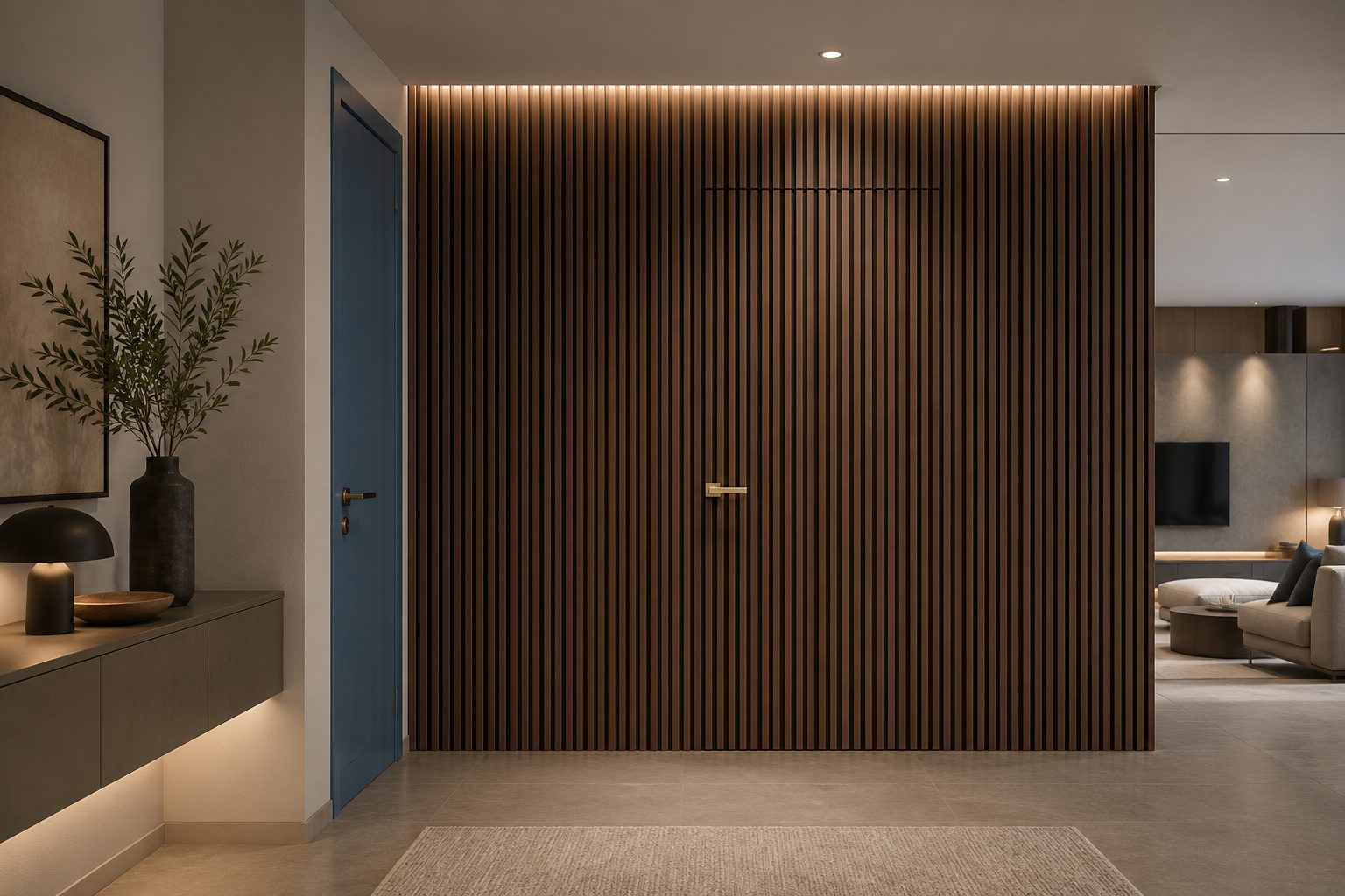 Filomuro door set into a slatted timber wall